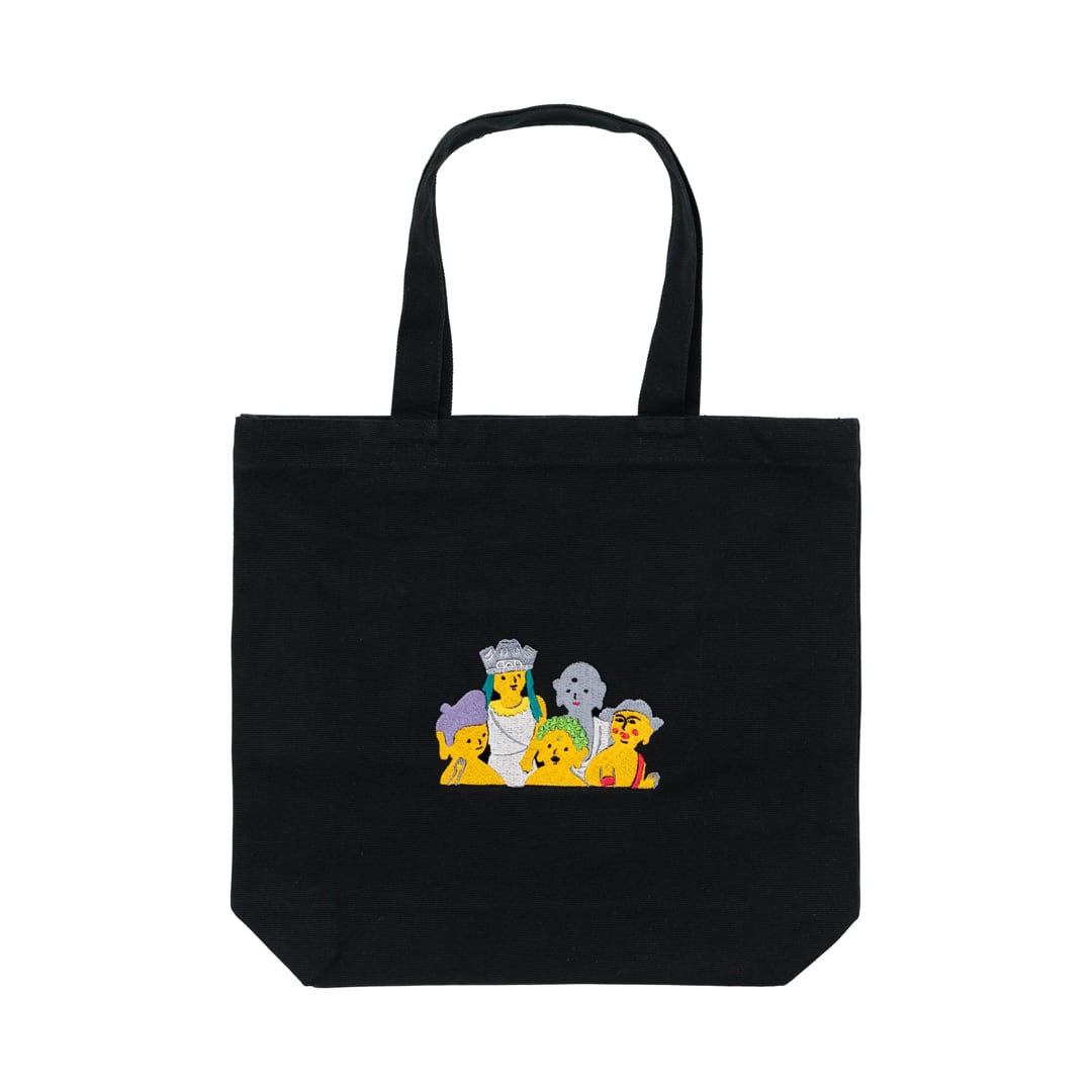 仏像ファイブ(刺繍) 仏像 ヘヴィ キャンバス トートバッグ ブラック