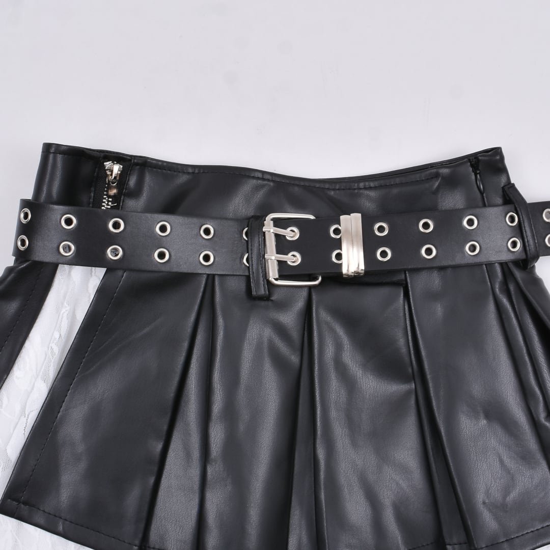 2点セット☆ベルト付き レースレイヤードレザースカート