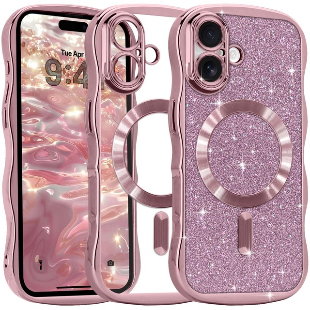 Pepmune iPhone 16 用 ケース MagSafe対応 ウェーブ クリア 可愛い 着脱式キラキラカード ワイアレス充電(ピンク)