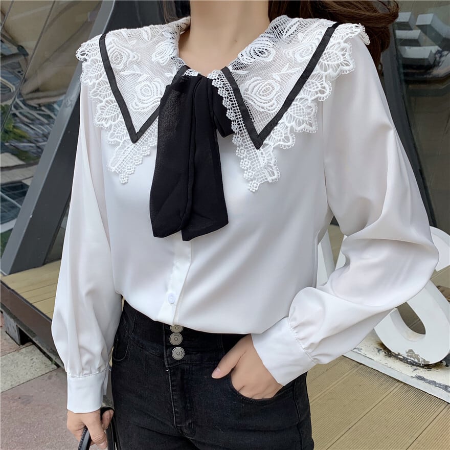 レースカラーリボンホワイト 白シャツ レディース ロング マキシロング