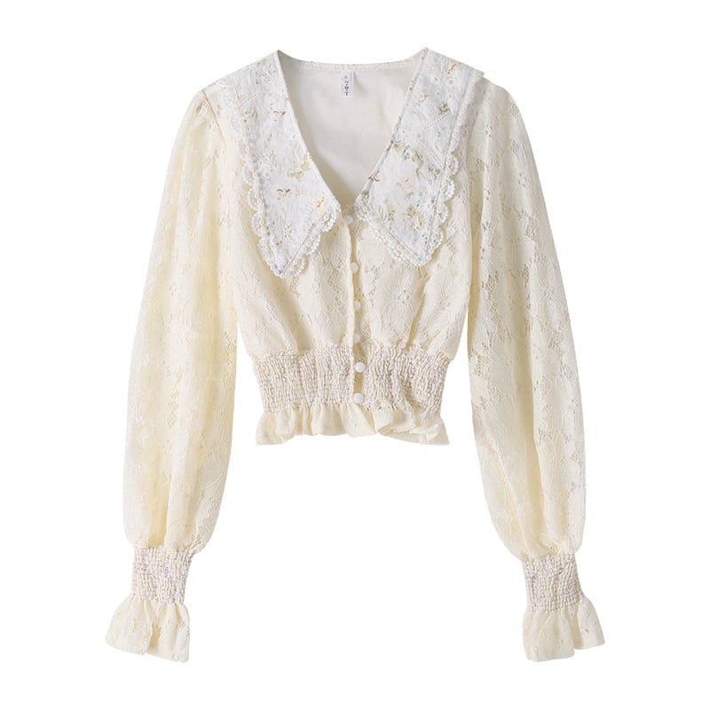 サイズが選択可) トップス シャツ ブラウス レース 長袖 襟付き