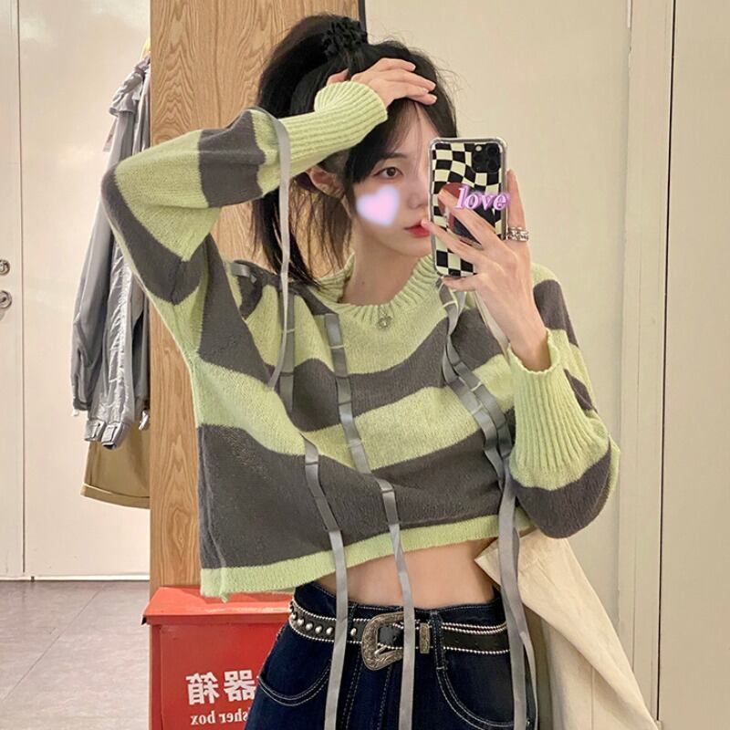 オータムニットストライプ レース ブラウス 大人ガーリー スウィート キュート カジュアル 秋物 レースアップ 萌量不足20362025263