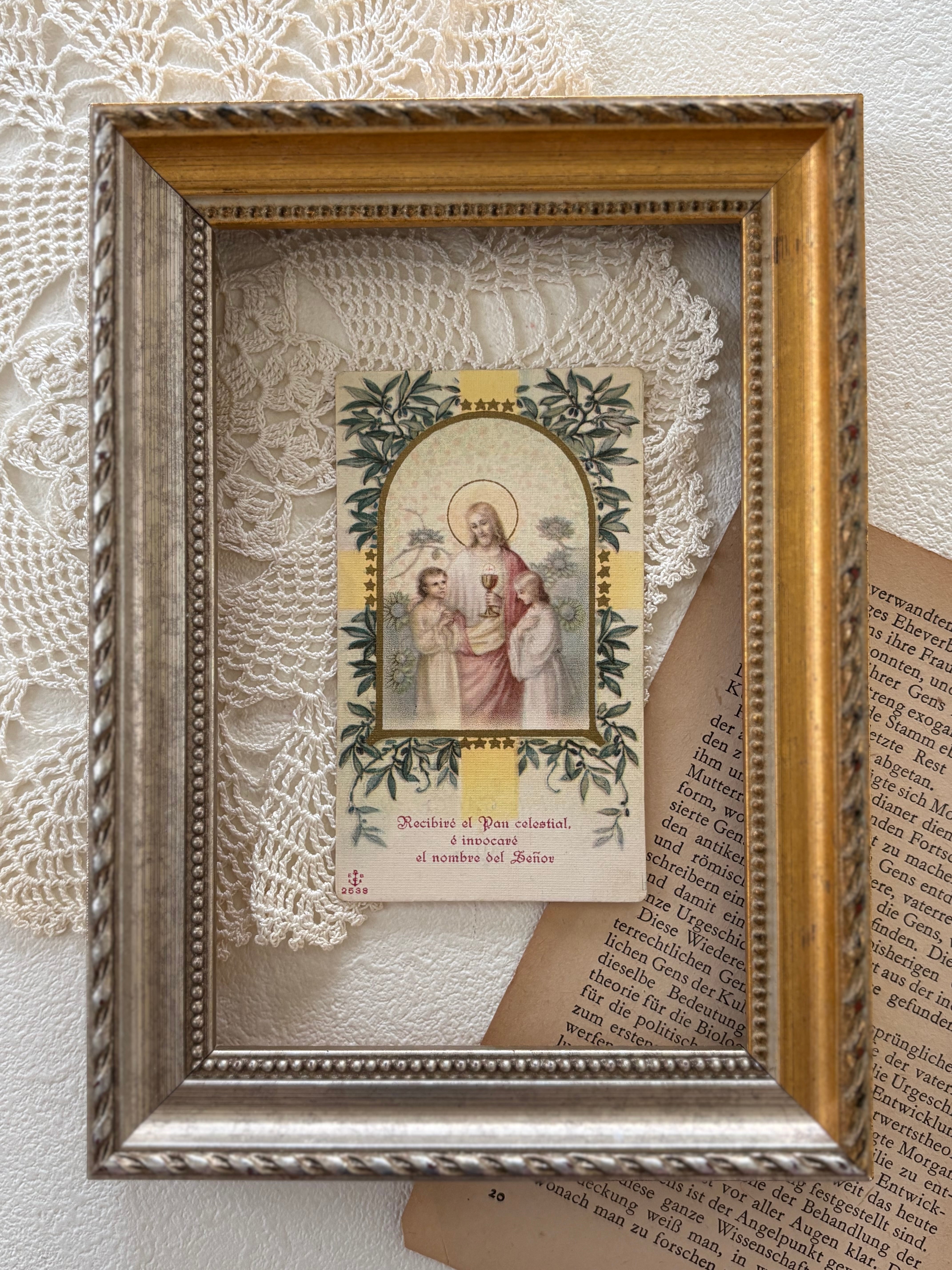 フランスアンティーク Holy Card ホーリーカード プルミエール コミュニオン 1934年 イエス様 聖杯 額装 コレクション 撮影小物