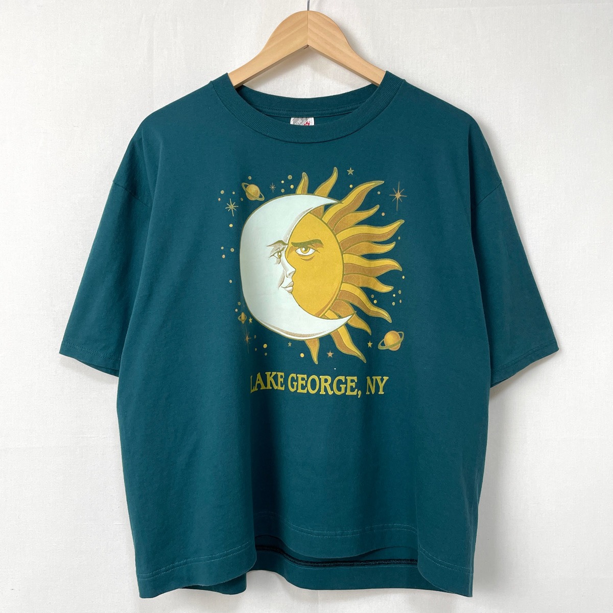90s USA製 太陽と月 アートTシャツ 短丈 古着 ヴィンテージ 青緑 