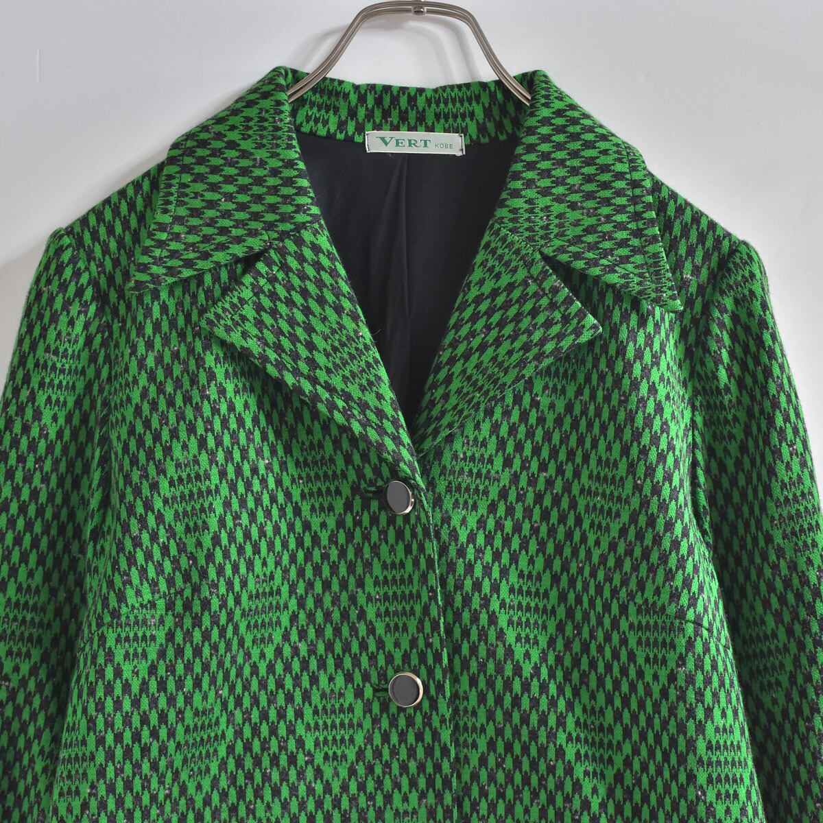 70~80s 日本製 VERT KOBE モザイクパターン フレア袖 4B 総柄ジャケット ジャパンヴィンテージ 昭和レトロ ビンテージ レディースL相当