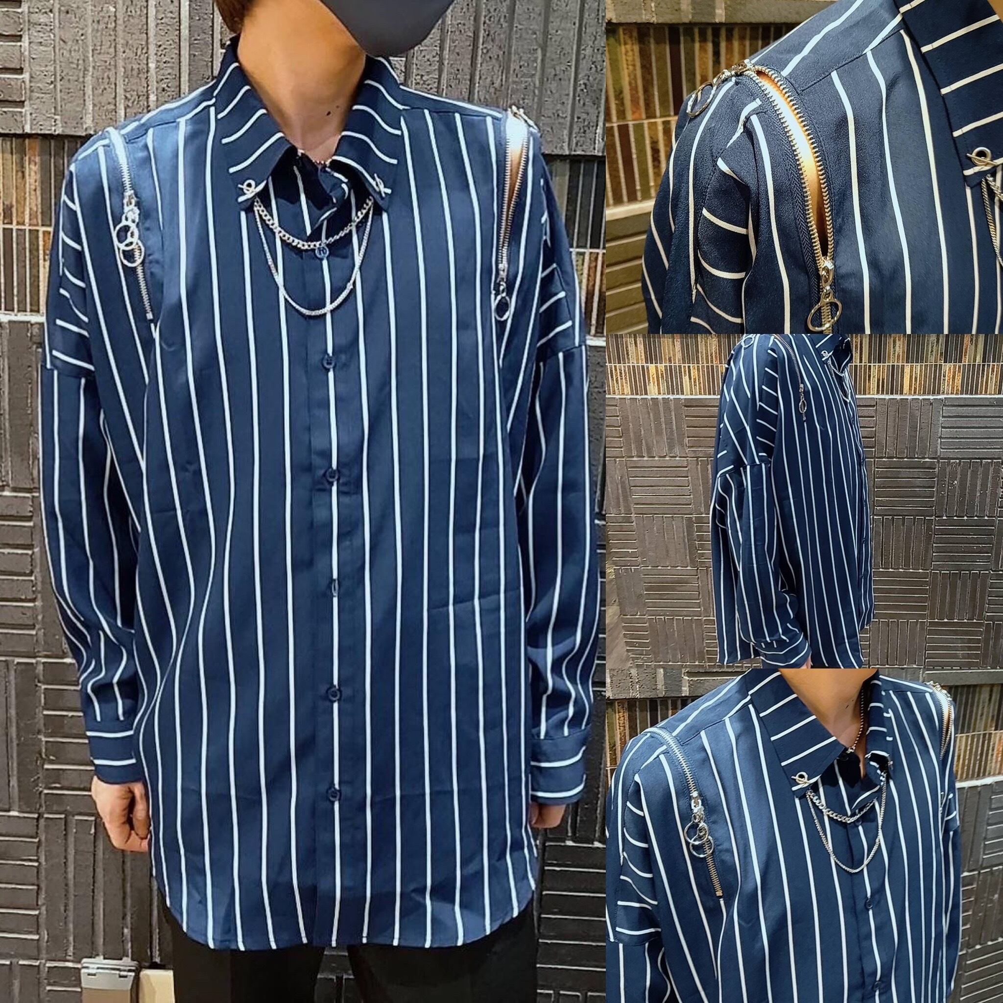 [大好評] THICCストライプチェーン肩ジップシャツ　韓国ファッション　彼シャツ　きれいめ　ユニセックス