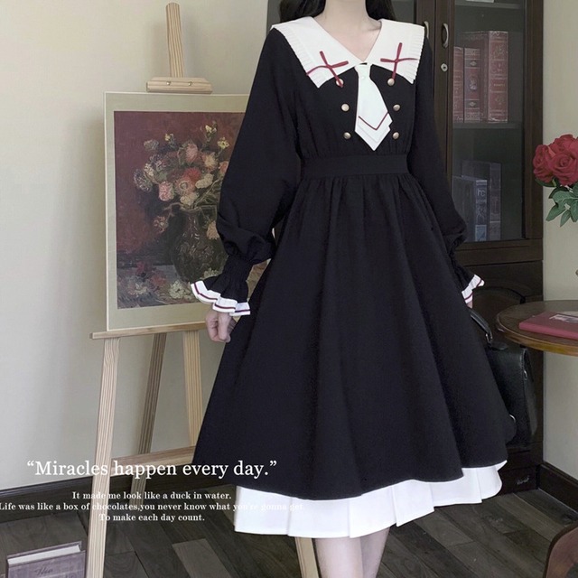 国内発送 D264 大きいサイズあり バイカラーセーラーワンピース ワンピース セーラー服 風 ガーリー Happycheek