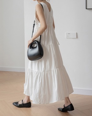 Lace trim v-neck tiered long Dress L0224
