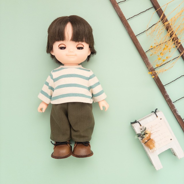 【2点セット】トレーナーズボンセット(水色ボーダーオリーブズボン)あおくんホルンくん