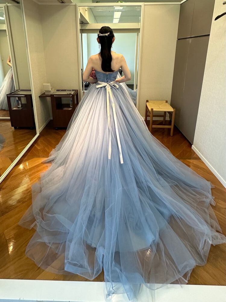 カラードレス ブルーグレー サッシュベルト ベアトップ チュール  