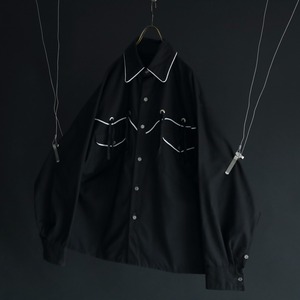 over silhouette fringe & piping design black color cotton shirt