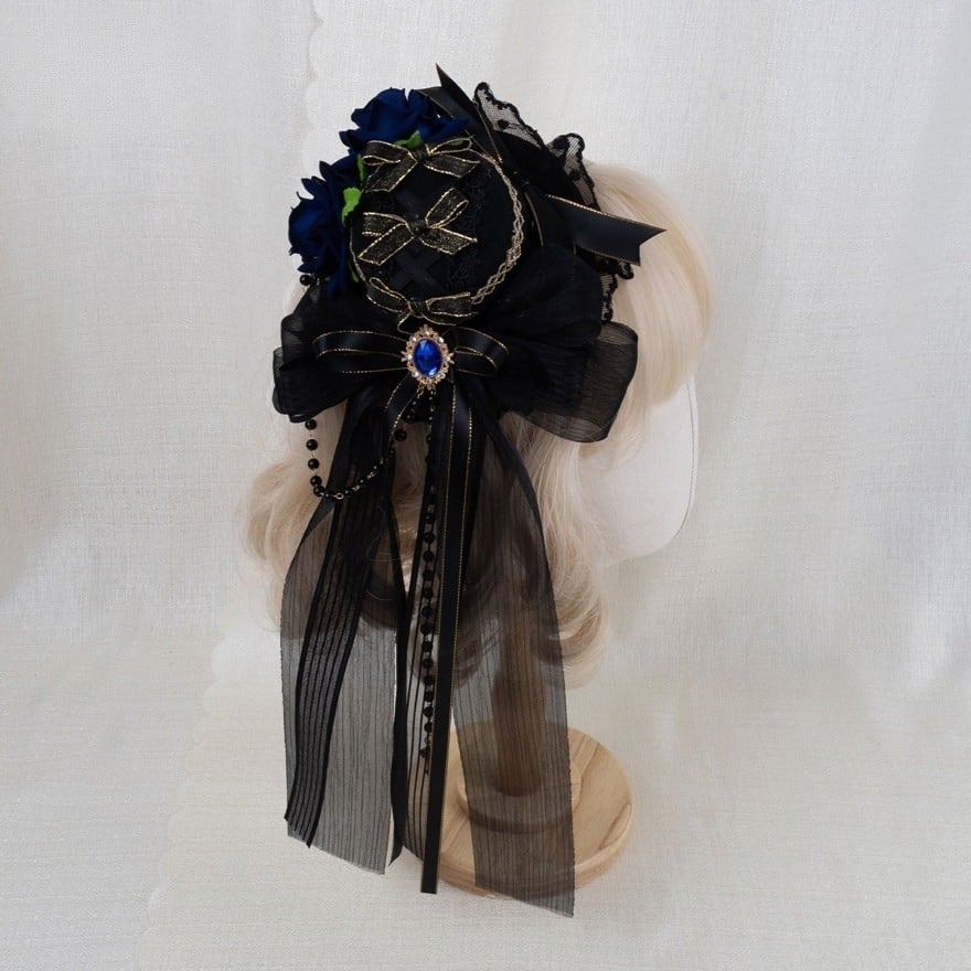 漆黒の薔薇ミニハットヘッドドレス|ゴスロリ・アンティーク風髪飾り