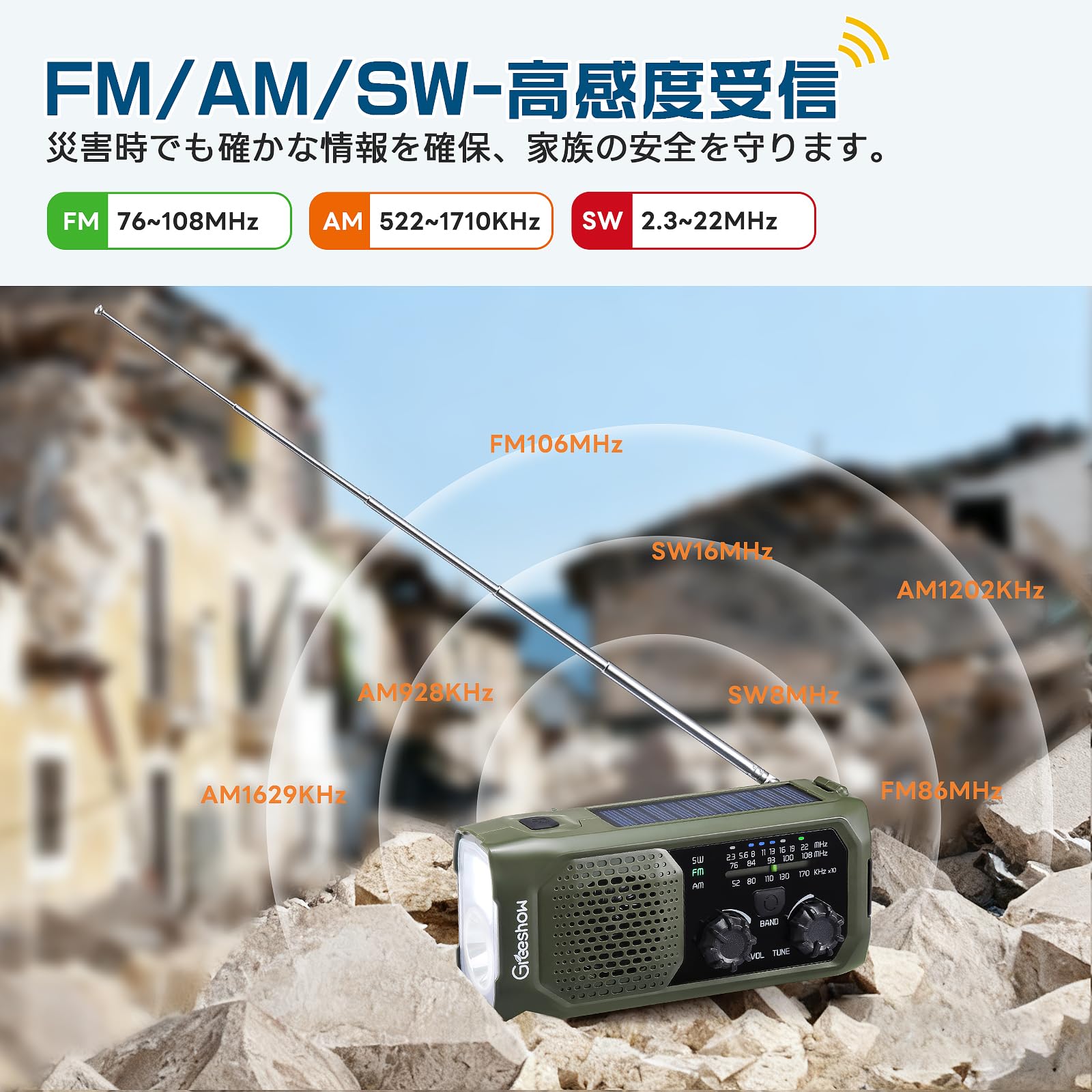新着】【2025年新モデル】Greeshow 防災ラジオ 多機能 手回し充電 FM
