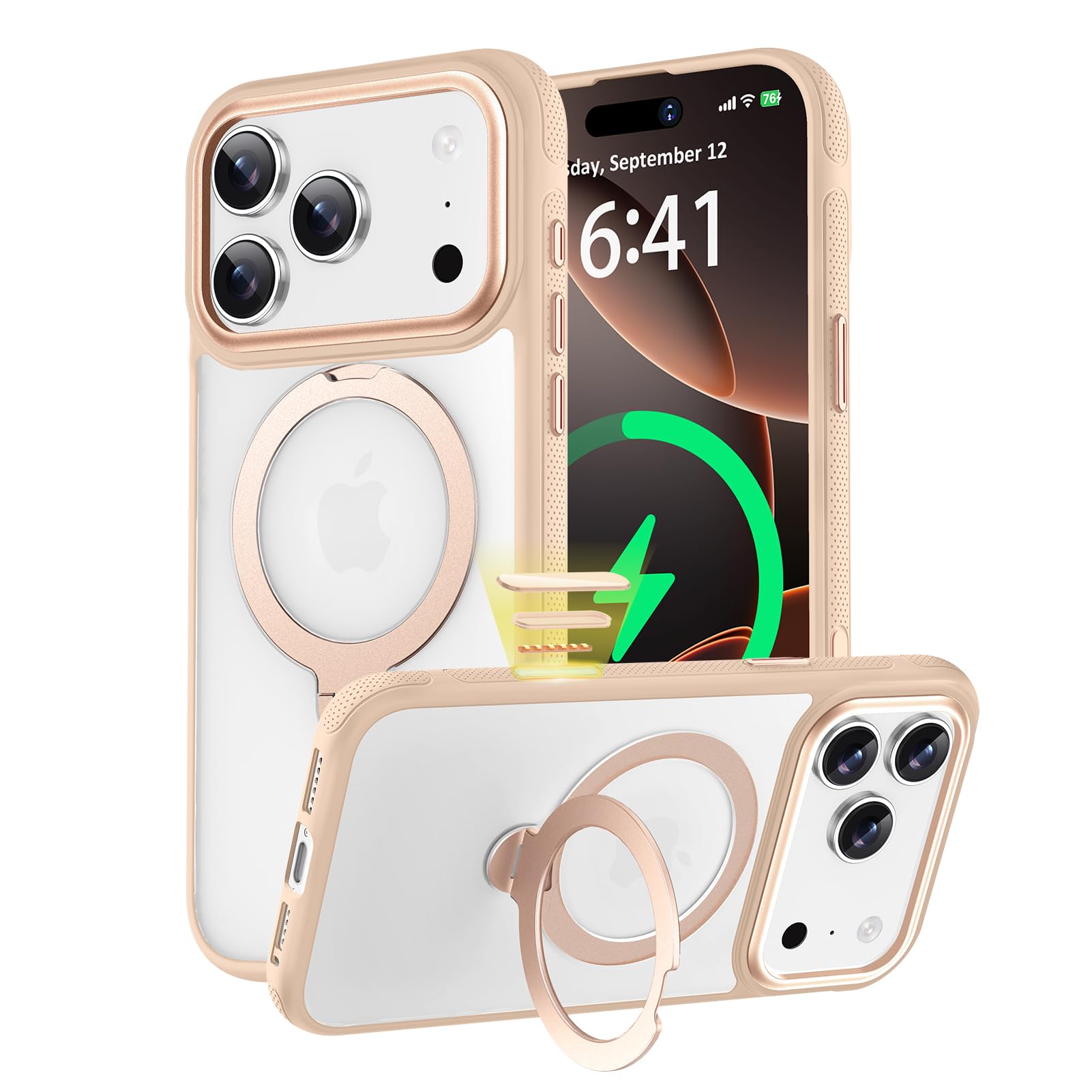 iPhone 18 pro max 用 ケース Magsafe対応 リング 定点360°回転 落下保護 マグネット搭載 耐衝撃 軽量 ゴールド