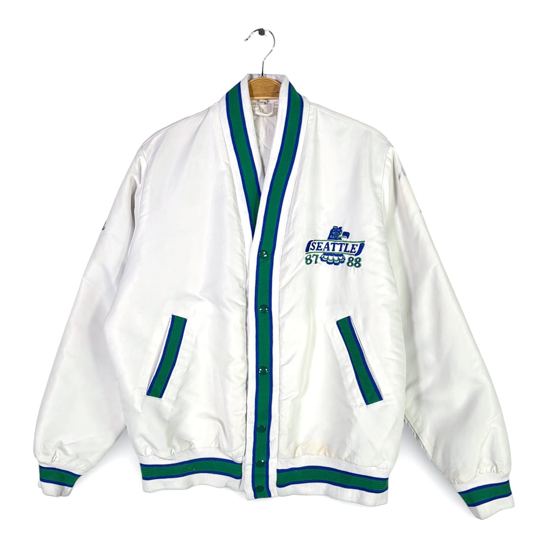 80s NFL シアトルシーホークス ヴィンテージ ナイロンジャケット カーディガン仕様 ホワイト SEATTLE SEAHAWKS サイズXL相当 古着 DZ0796