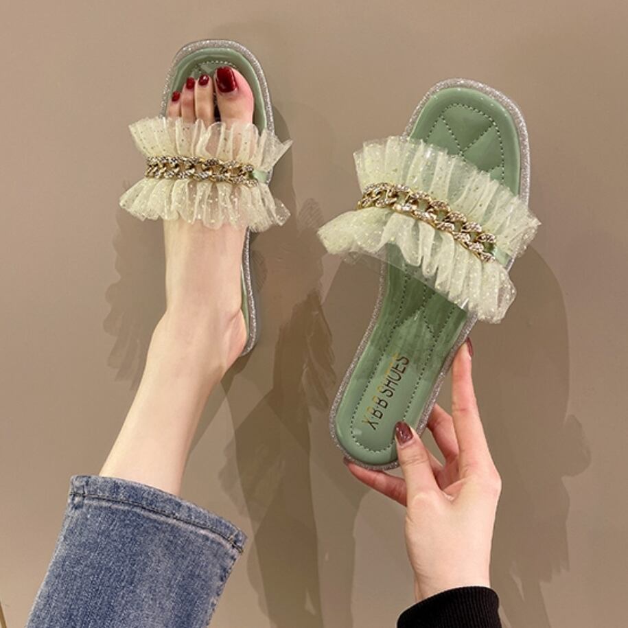 サンダル レディース ぺたんこサンダル ミュール 22.5cm 23cm 23.5cm 24cm 24.5cm 25cm シューズ クリアヒール ラメ ビジュー ベージュ グリーン メッシュ チュール チェーン ビジューラインストーン バックル スクエア キラキラ かわいい きれいめ 大人可愛い ガーリー キュート 楽ちん お洒落 オシャレ おしゃれ カジュアル 女っぽ 10代 20代 30代 リゾート 海 学生 OL カフェ ランチ ファッション コーデ インスタ 韓国系 普段使い お買い物 送料無料