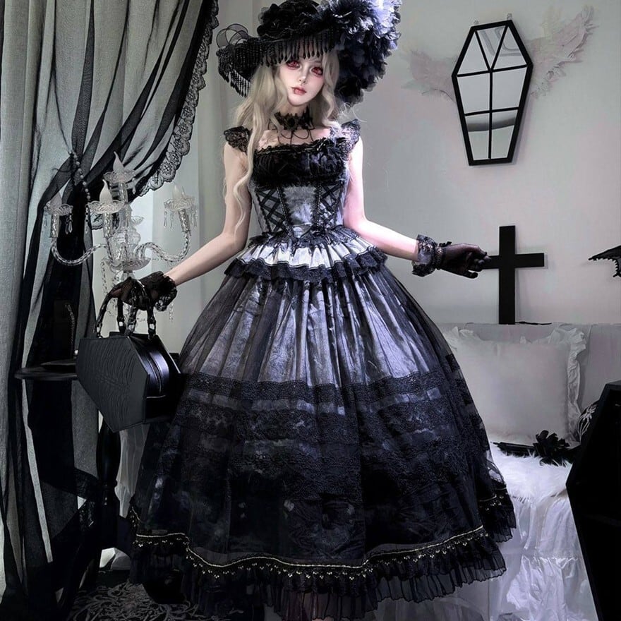 ゴスロリセットアップ 黒×紫 編み上げコルセットJSK 多層フリルゴシックドレス