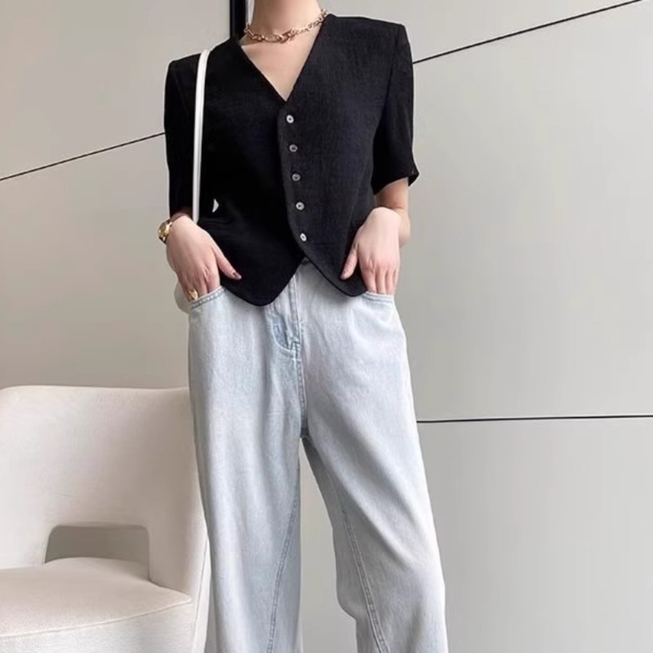 Vネックハーフスリーブシャツ 2type W00482