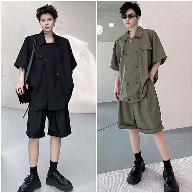 【予約販売】メンズ セットアップ 上下セット シック 無地 シンプル 半袖 シャツ ハーフパンツ ダブルボタン ストリート ブラック カーキ 韓国 スポーツウエア カジュアル 春 夏 大きいサイズ M/L/XL/2XL