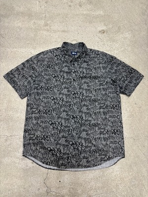 90s OLD STUSSY/Logo print S/S Shirt/USA製/紺タグ/L/ロゴプリント/半袖シャツ/グレー/総柄/ステューシー/オールドステューシー