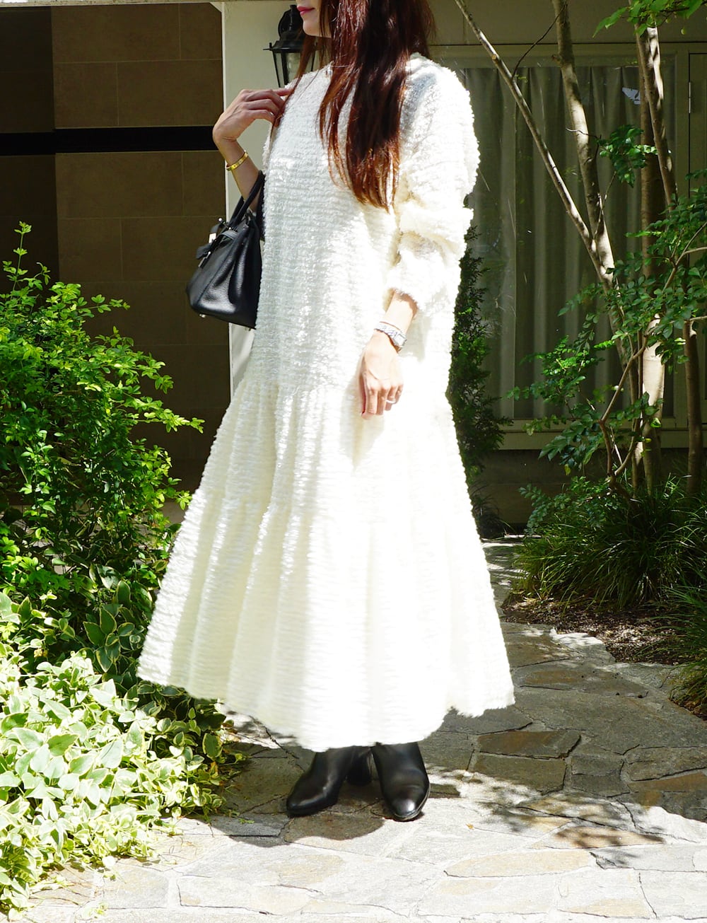 フリンジジャガードティアードワンピース ivory | amin pur