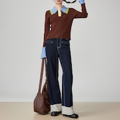 配色襟 リブ編みニットポロシャツ H0040