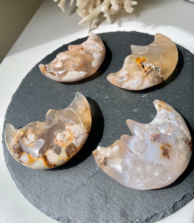 Flower Agate Moon shape stones(L) ①/ フラワーアゲートムーンシェイプ(L)①