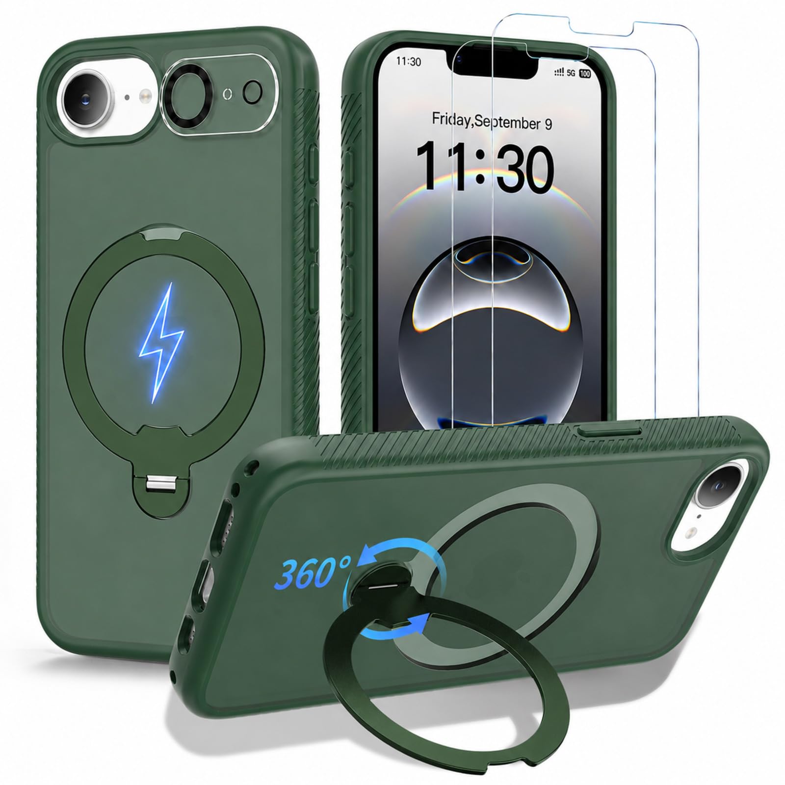 KOWEDYA iPhone 17e ケース/iPhone 16e ケース 360°回転スタンド MagSafe対応 縦横対応 4点セット グリーン