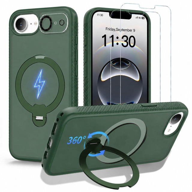 KOWEDYA iPhone 17e ケース/iPhone 16e ケース 360°回転スタンド MagSafe対応 縦横対応 4点セット グリーン