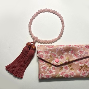 略式念珠　ローズクオーツ共仕立　正絹房　念珠袋付