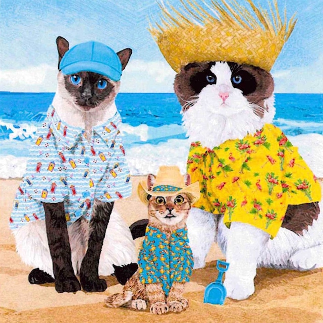 2024春夏【Paperproducts Design】バラ売り2枚 カクテルサイズ ペーパーナプキン Cats Beach Party ブルー