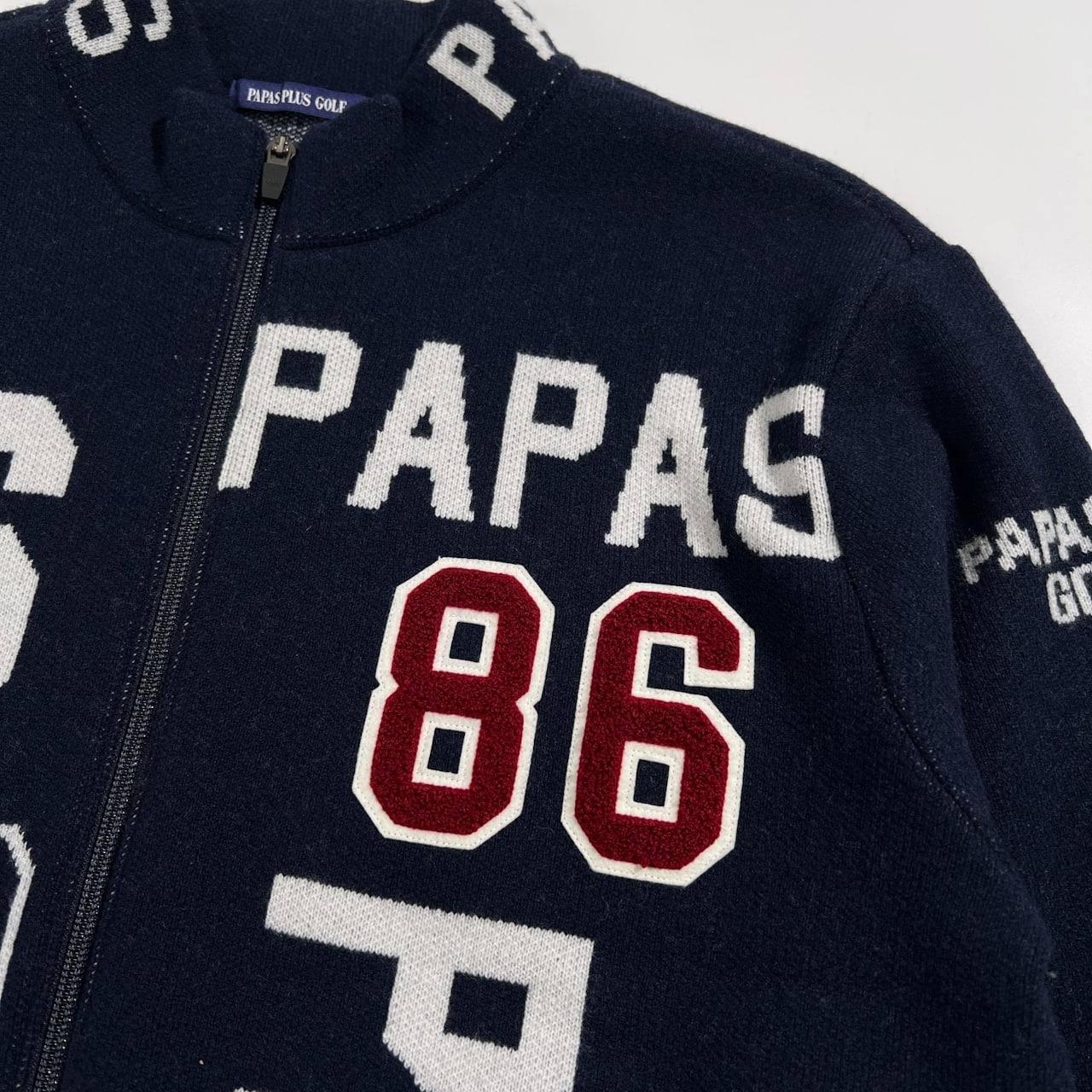 PAPAS PLUS GOLF パパス プラス ゴルフ ロゴ入り ナンバリング ジップアップ ウールニット ジャケット サイズ M /メンズ/ネイビー/日本製