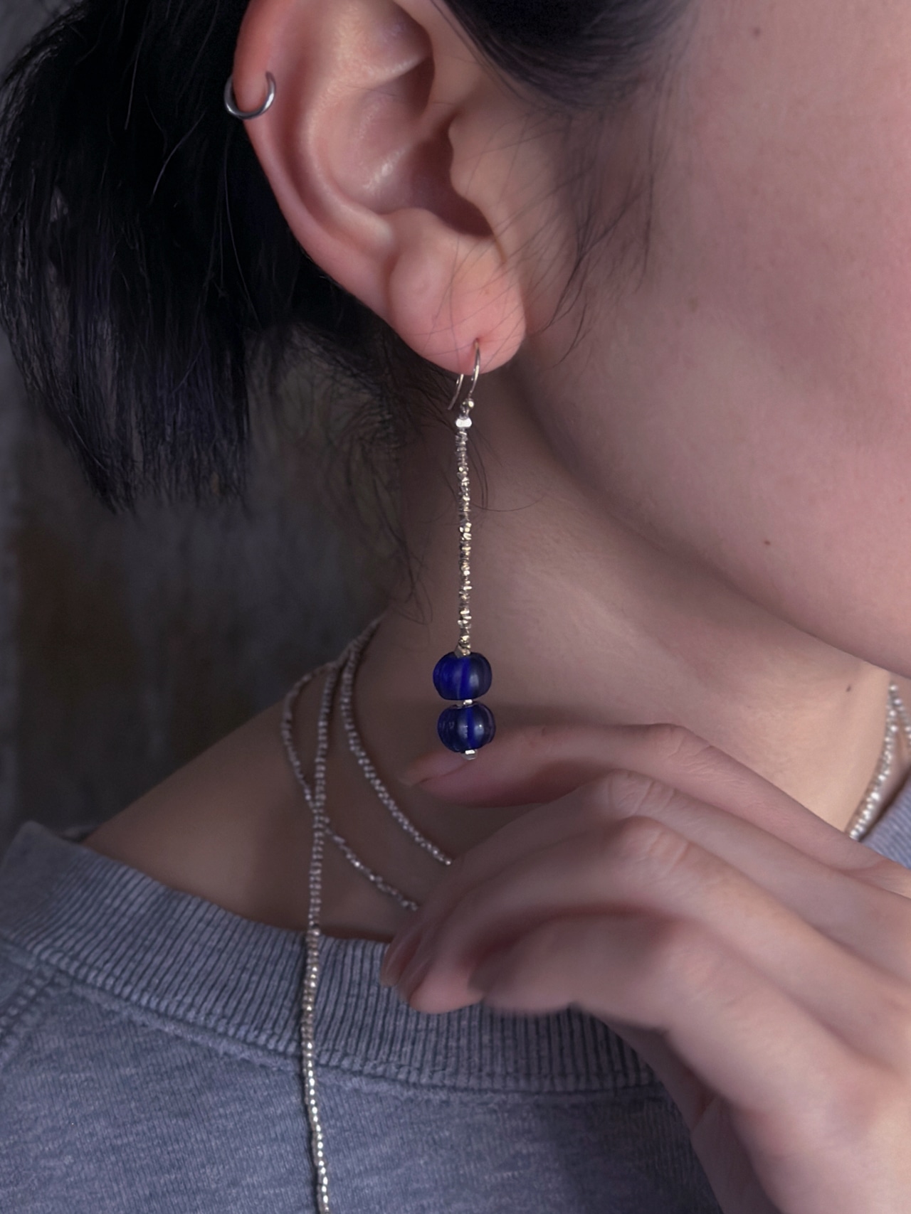 tay Original/Vintage Naga glass beads & Karen silver beads earring (Blue)