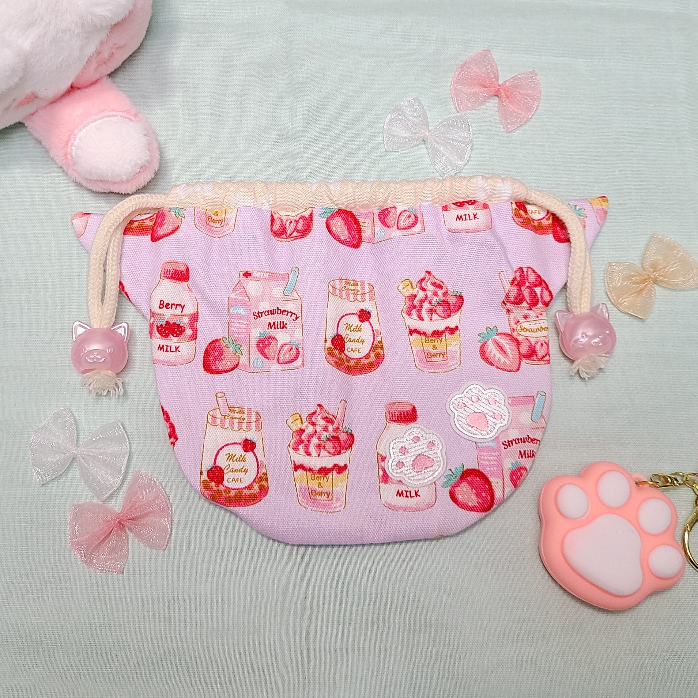 ねこ耳巾着 いちごスイーツ柄♡小物用☆ ねこみみ 巾着 | 星屑工房