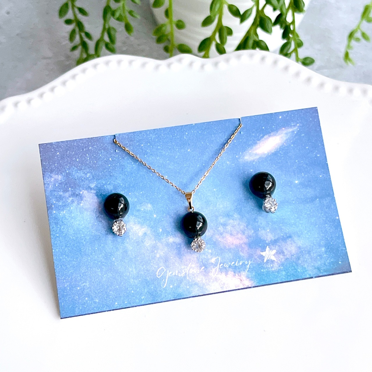 漆黒の宇宙Ⅱ✧モリオンお守りピアス＆ネックレスset（ラウンド）✧GALAXY✧プチネックレス＆ピアス✧サージカルステンレス製