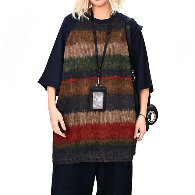 グラデーションボーダーラグランビッグトップス 2col   R01689