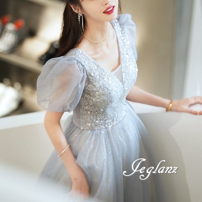 パーティドレス チュール 背中 編み上げ 肌透け ミドル/イブニング(M6074)★ ζ