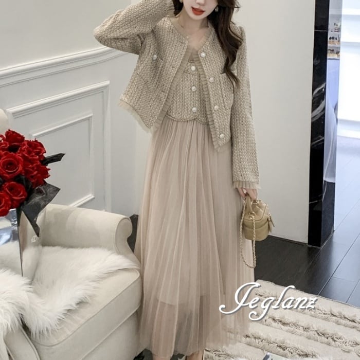 セットアップ 2点 ツイードニット ジャケット 袖なし ワンピース(M8469)ι