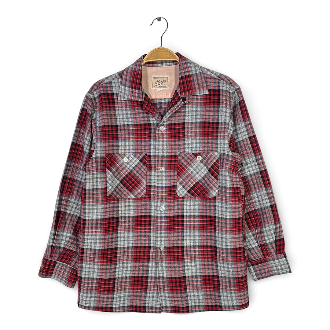 60s 美品 ブロックス ヴィンテージ オープンカラーシャツ 開襟シャツ 赤チェック BLOCK'S サイズS 古着 CA1530