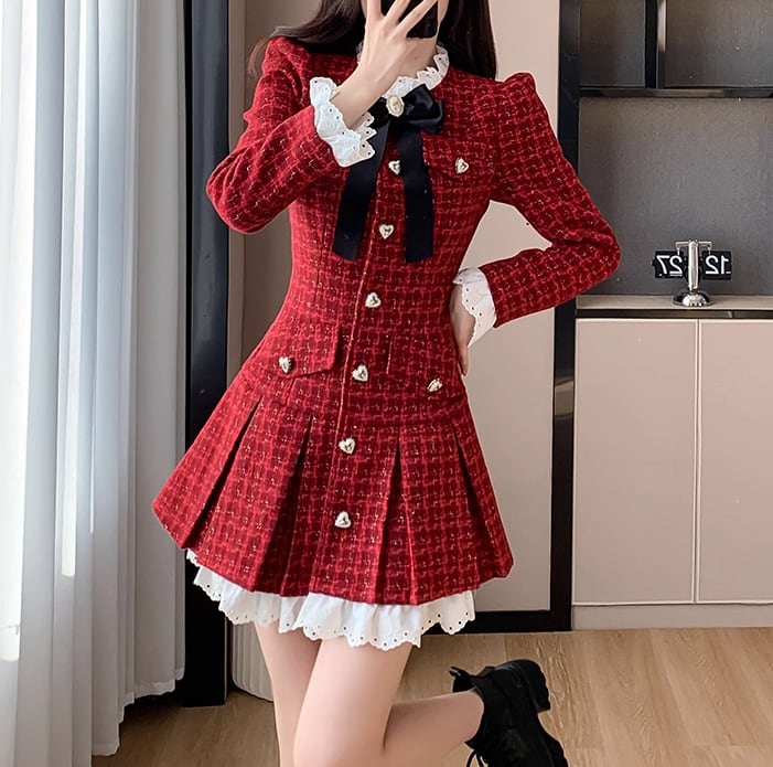 ハートボタンツイードプリーツミニワンピ ・72279 | sucrier