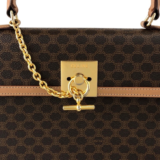 CELINE セリーヌ マカダム ハンドバッグ ブラウン ガンチーニ PVC レザー トップハンドル vintage ヴィンテージ オールド b7vuin