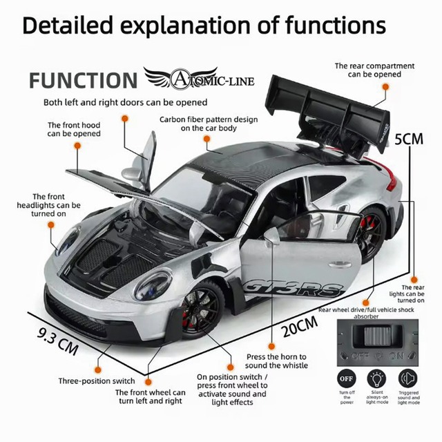 ポルシェ 911 GT3 RS 1/24 ミニカー 全3色 ライト点灯 エンジンサウンド 合金モデル 模型 ジオラマ
