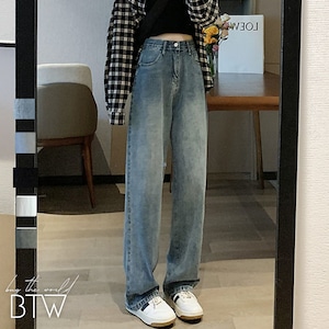【韓国レディースファッション】ハイウエストワイドレッグジーンズ クール カジュアル ラフ ベルト 着回し BW2721
