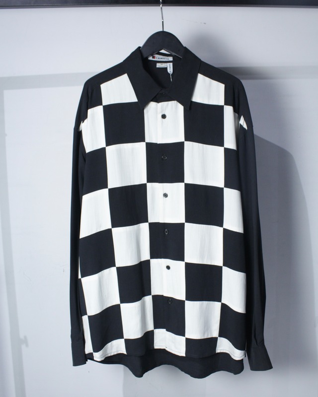 【Caka BLACK】"Deadstock" Checker Pattern Patchwork Vintage Silk Shirt