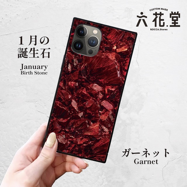 iPhoneケース ガーネット 1月誕生石｜天然石柄スクエア型 GEM001