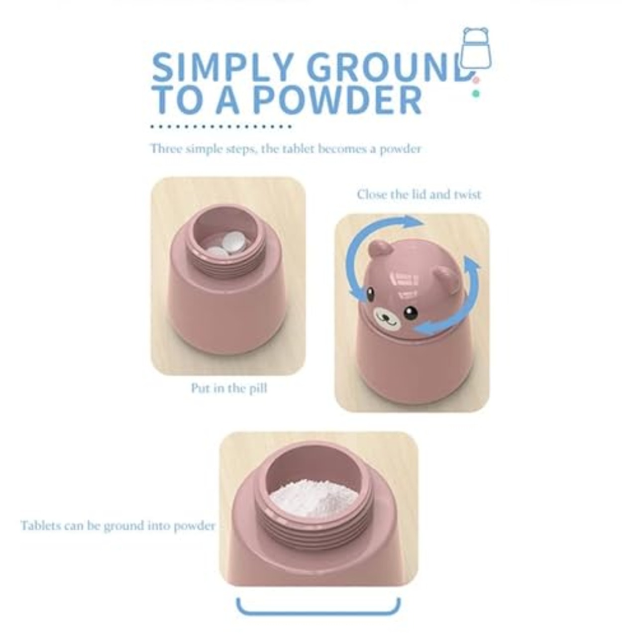 ピルクラッシャー 錠剤クラッシャー 可愛い クマ ピルケース 薬 錠剤 すりつぶし 薬ケース 子供 高齢者 携帯便利 (ピンク)