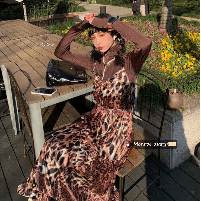 レオパードプリント柄ドレス オータムウィンタースカート Aラインロング 秋物 冬物 モンロー31838194306