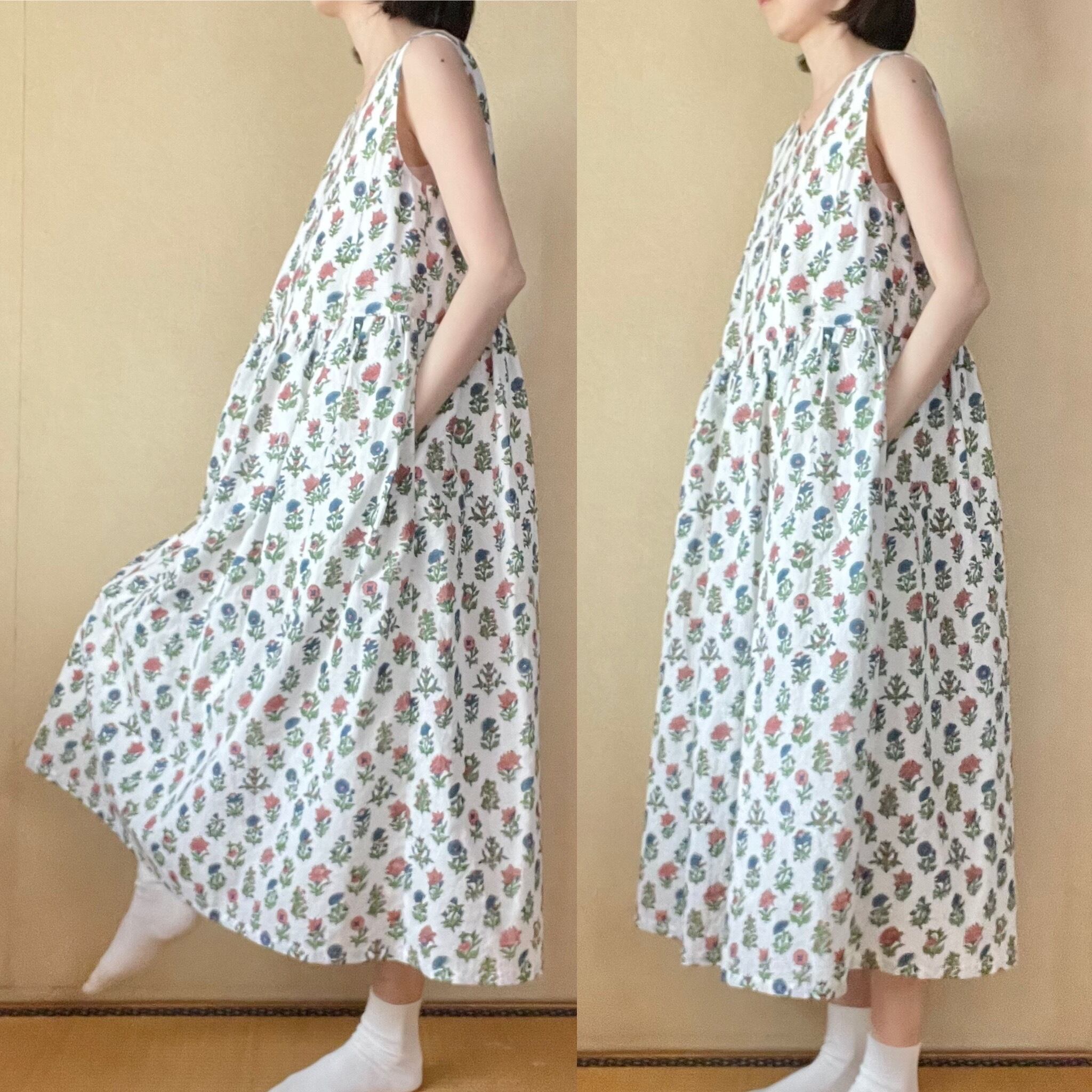 ウエスト切り替えノースリーブワンピース インド製ブロックプリント