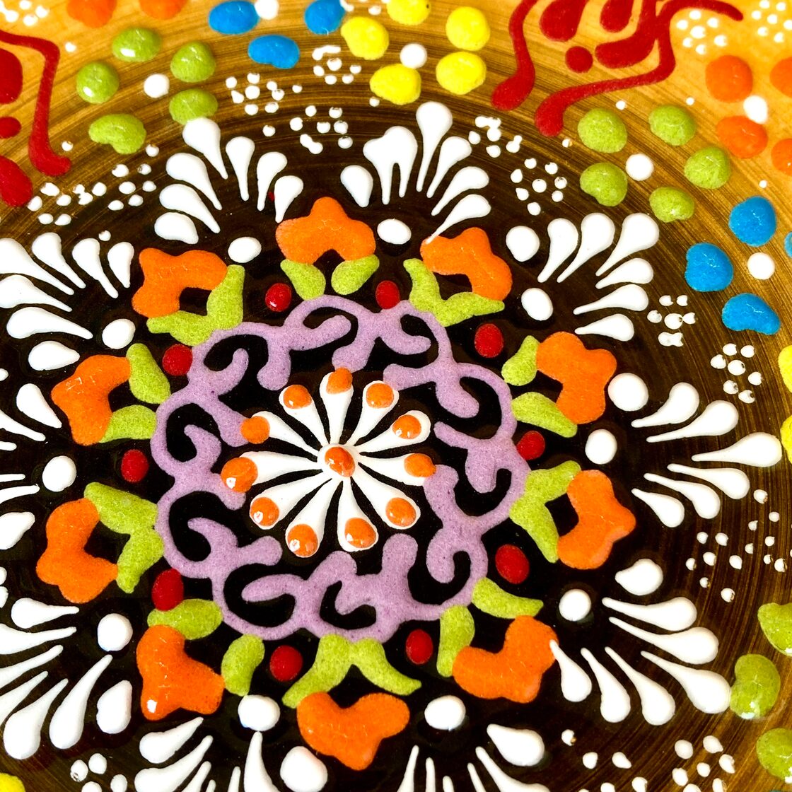 18cm【トルコ陶器】手描き 鍋敷き 壁掛け タイル ＊ イエロー 黄色 