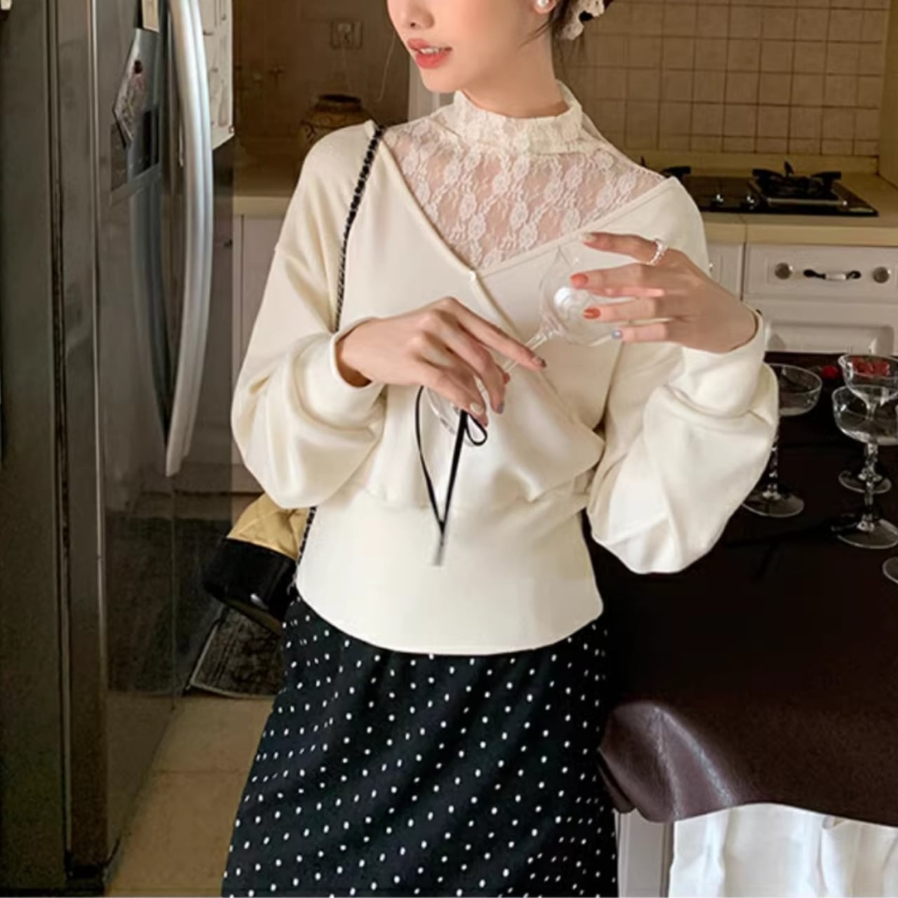 レイヤード風ハイネックリブニット長袖 W00055